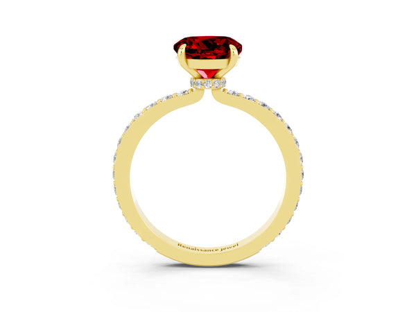 Yellow gold Round Cut Ruby Pavé Engagement Ring with Round  Accents and Prong Setting