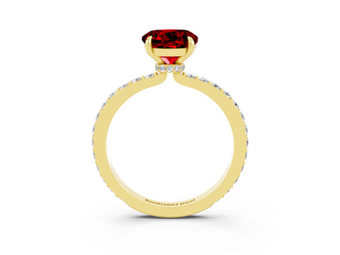 Yellow gold Round Cut Ruby Ring with Pavé Band and Four-Prong Setting_3