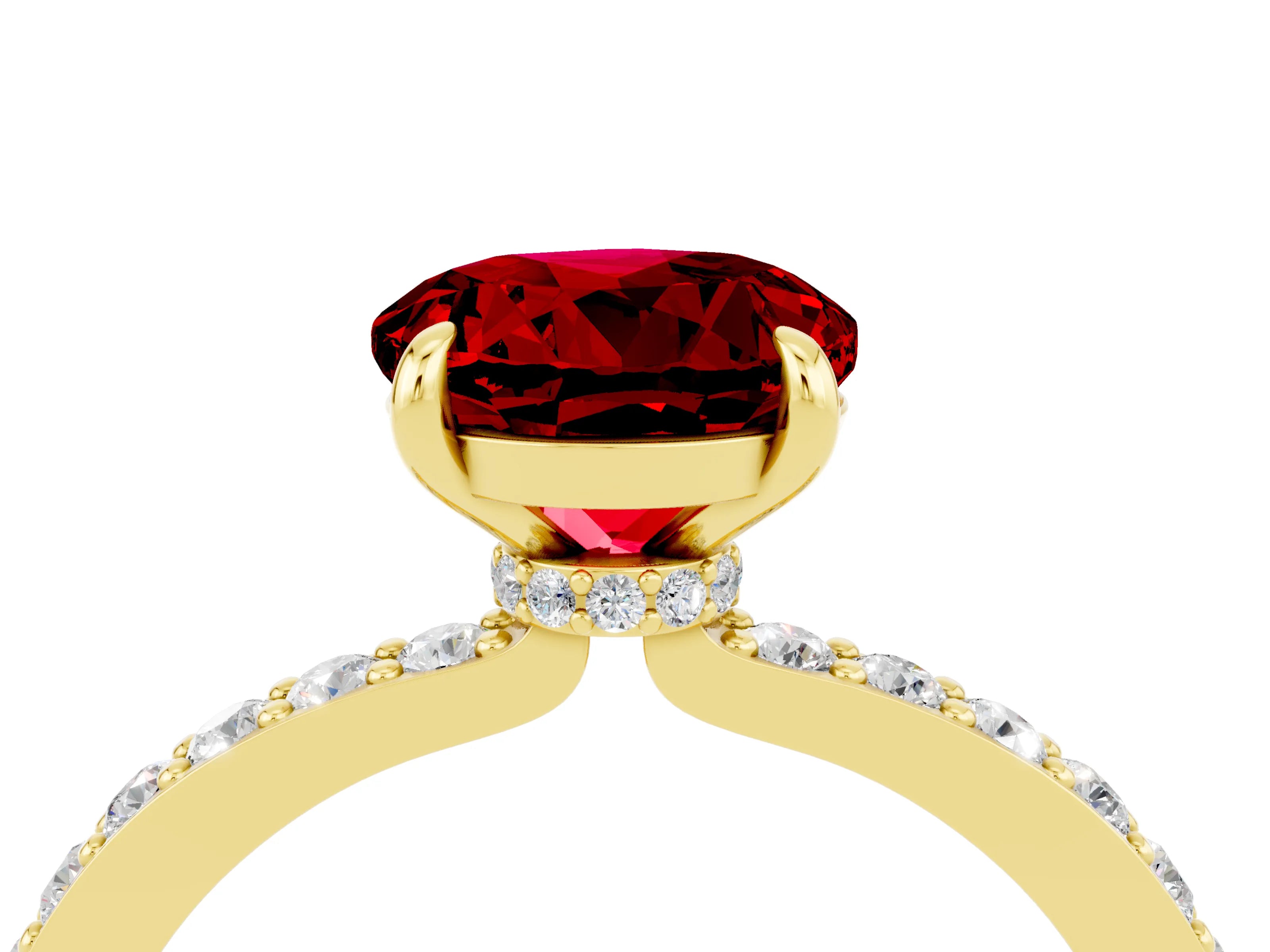 Yellow gold Round Cut Ruby Ring with Pavé Band and Four-Prong Setting_4