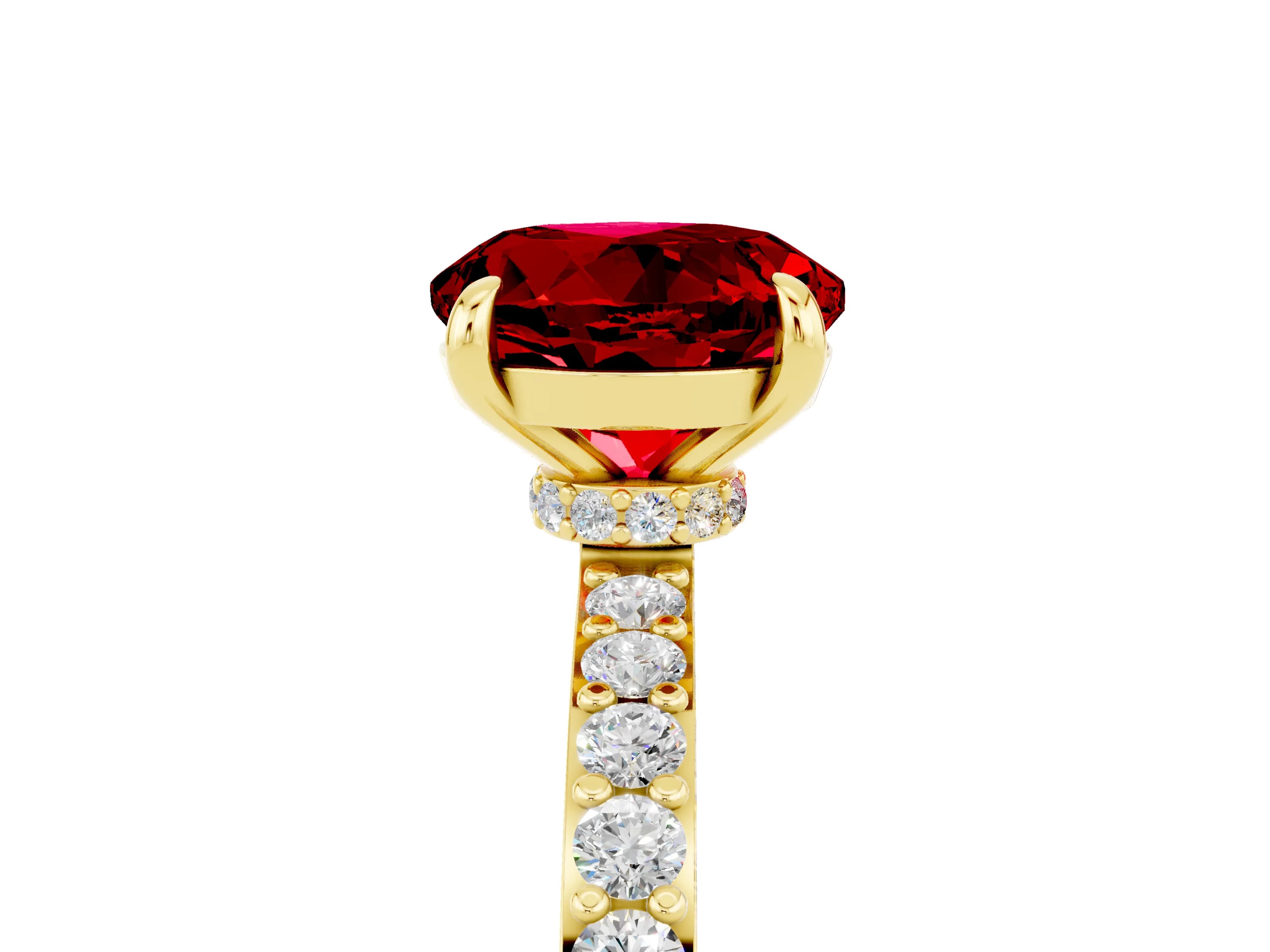 Yellow gold Round Cut Ruby Ring with Pavé Band and Four-Prong Setting_5