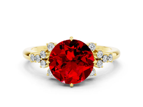 Yellow gold Round Cut Ruby Ring with Side Stones and Four-Prong Setting_36