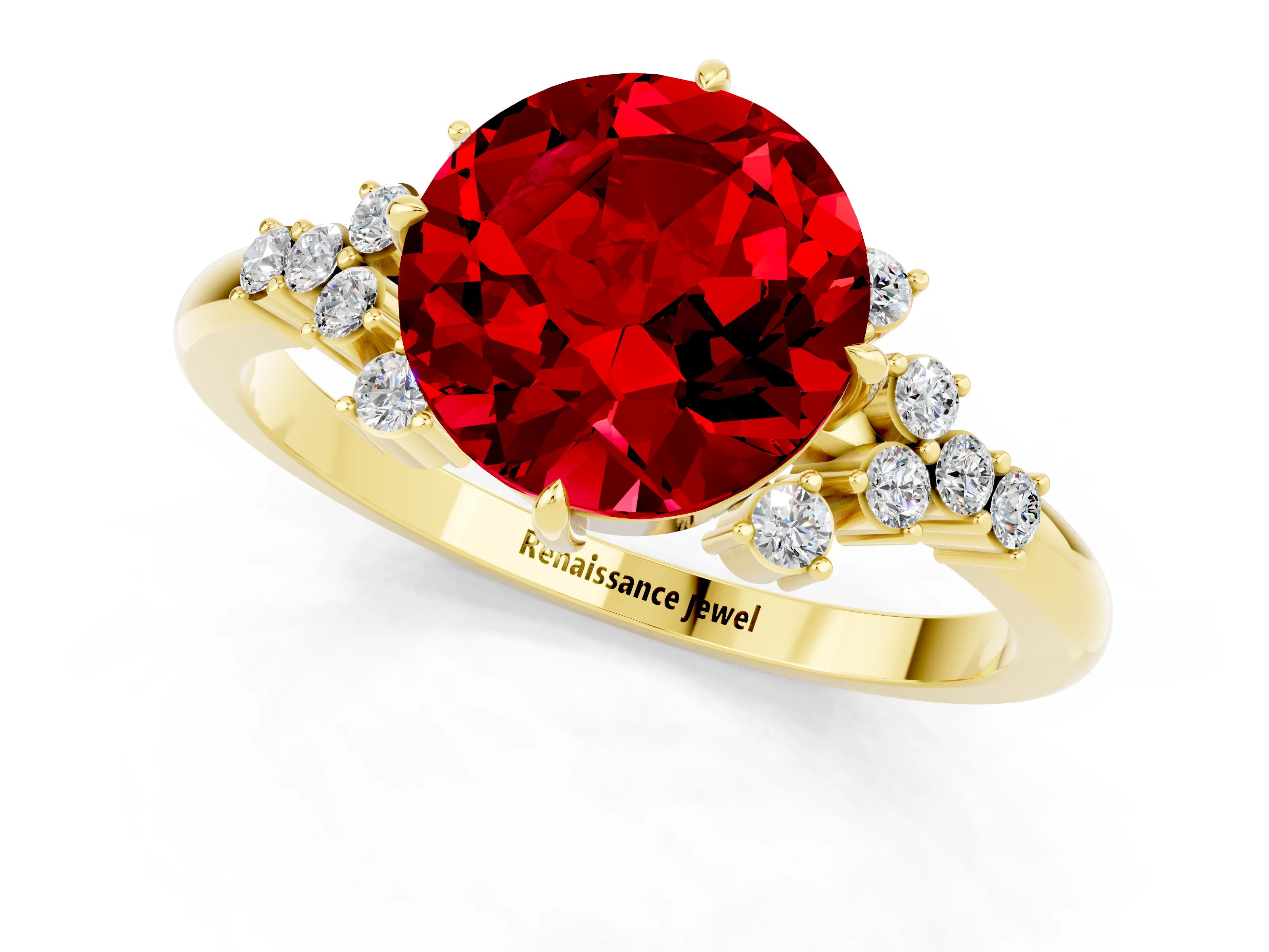 Yellow gold Round Cut Ruby Ring with Side Stones and Four-Prong Setting_37