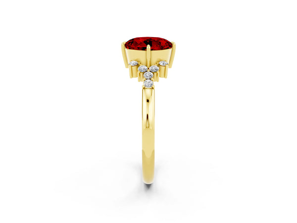 Yellow gold Round Cut Ruby Ring with Side Stones and Four-Prong Setting