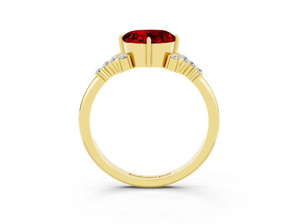 Yellow gold Round Cut Ruby Ring with Side Stones and Four-Prong Setting