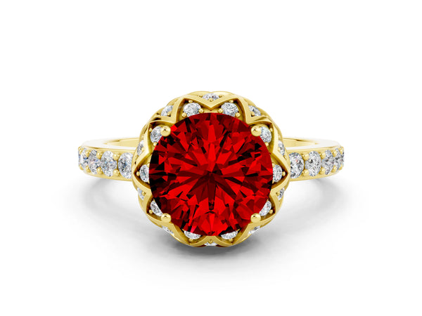 Yellow gold Round Cut Ruby Scalloped Halo Engagement Ring with Round Shared Prong Band