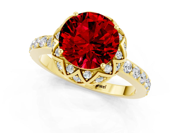 Yellow gold Round Cut Ruby Scalloped Halo Engagement Ring with Round Shared Prong Band
