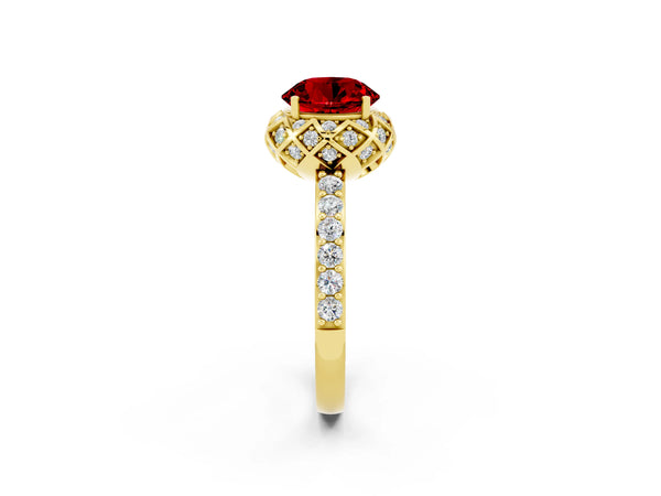 Yellow gold Round Cut Ruby Scalloped Halo Engagement Ring with Round Shared Prong Band
