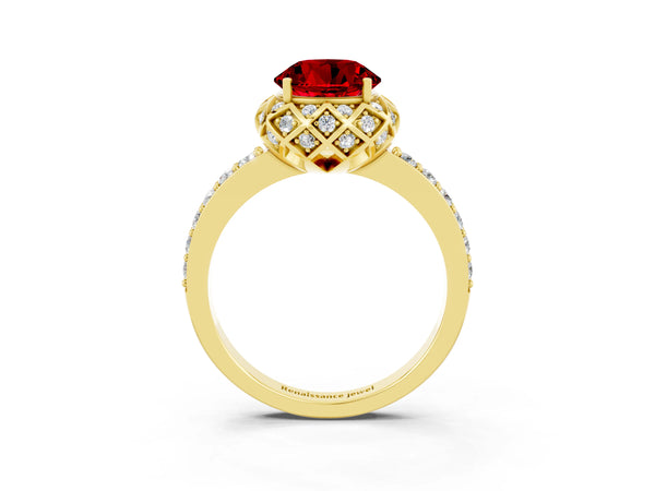 Yellow gold Round Cut Ruby Scalloped Halo Engagement Ring with Round Shared Prong Band