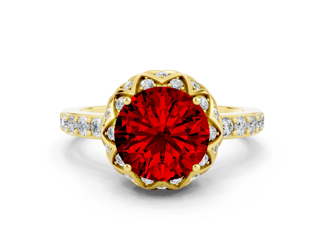 Yellow gold Round Cut Ruby Scalloped Halo Engagement Ring with Round Shared Prong Band_24