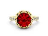 Yellow gold Round Cut Ruby Scalloped Halo Engagement Ring with Round Shared Prong Band_24