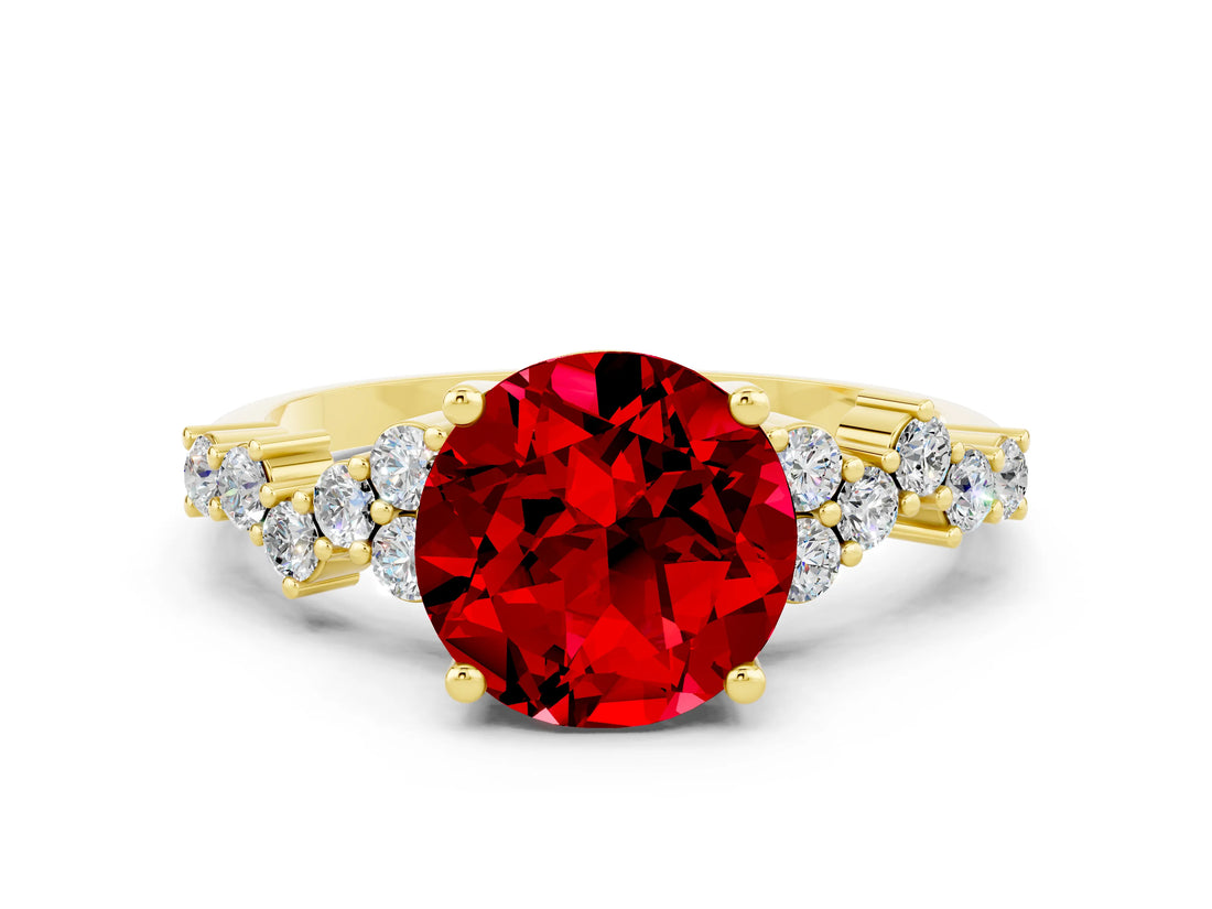 Yellow gold Round Cut Ruby Scattered Round Accent Ring with Prong Setting_12