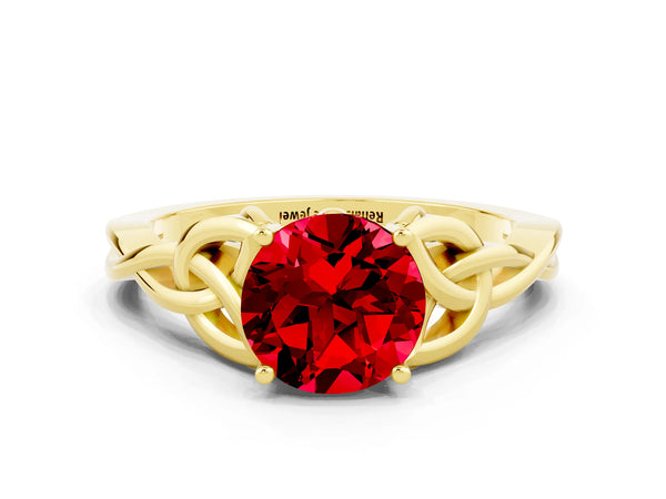 Yellow gold Round Cut Ruby Solitaire Celtic Knot Ring with Four-Prong Setting
