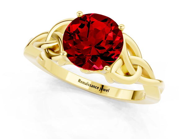 Yellow gold Round Cut Ruby Solitaire Celtic Knot Ring with Four-Prong Setting