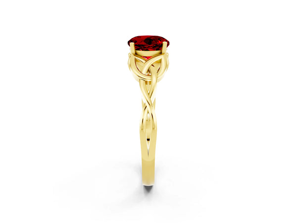 Yellow gold Round Cut Ruby Solitaire Celtic Knot Ring with Four-Prong Setting