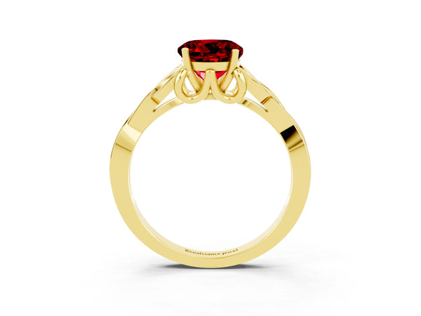 Yellow gold Round Cut Ruby Solitaire Celtic Knot Ring with Four-Prong Setting