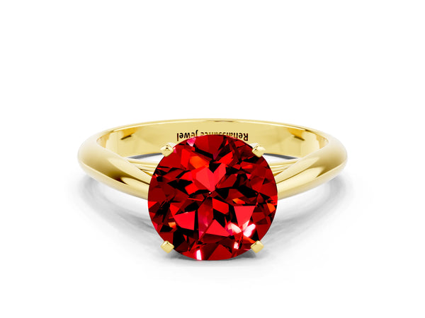 Yellow gold Round Cut Ruby Solitaire Engagement Ring with Cathedral Setting and Four-Prong Mount