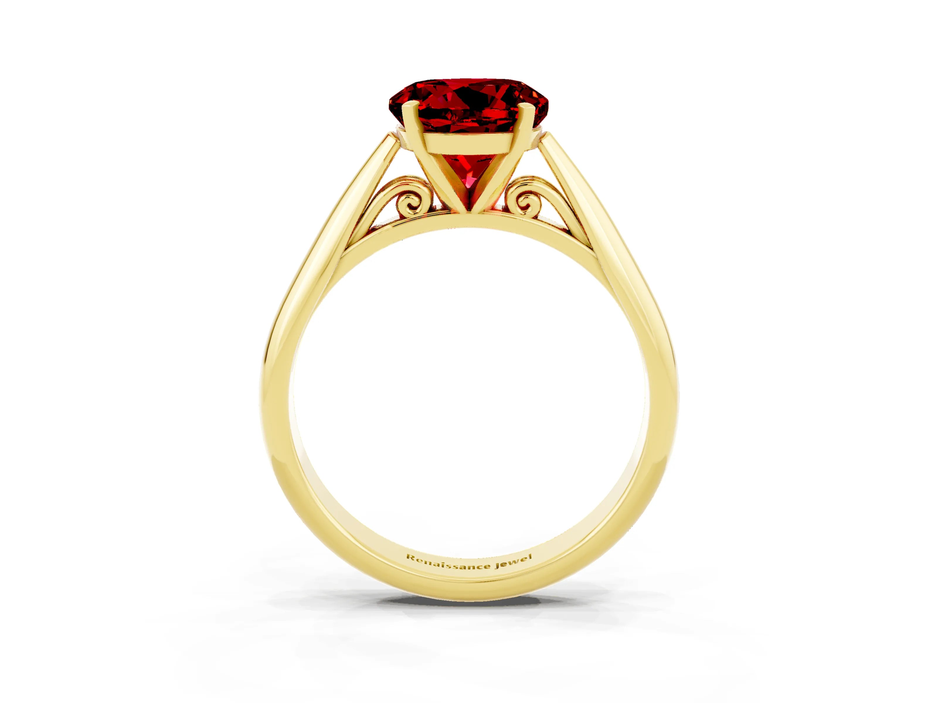 Yellow gold Round Cut Ruby Solitaire Engagement Ring with Cathedral Setting and Four-Prong Mount_15