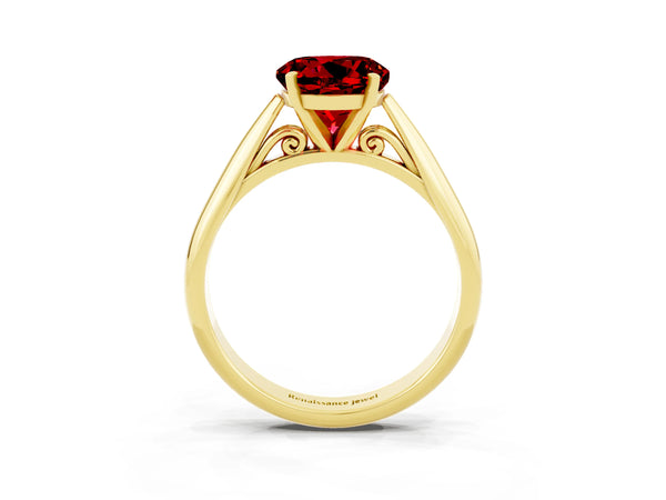 Yellow gold Round Cut Ruby Solitaire Engagement Ring with Cathedral Setting and Four-Prong Mount