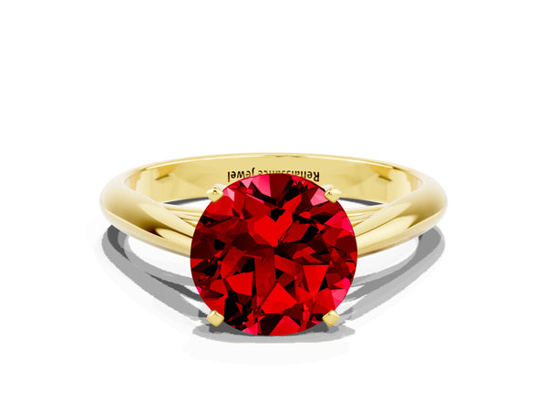 Yellow gold Round Cut Ruby Solitaire Engagement Ring with Cathedral Setting and Four-Prong Mount