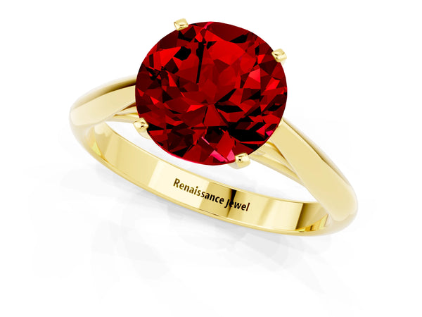 Yellow gold Round Cut Ruby Solitaire Engagement Ring with Cathedral Setting and Four-Prong Mount