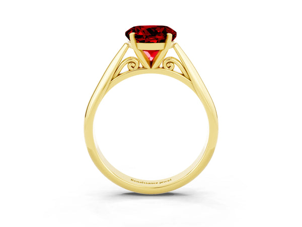 Yellow gold Round Cut Ruby Solitaire Engagement Ring with Cathedral Setting and Four-Prong Mount