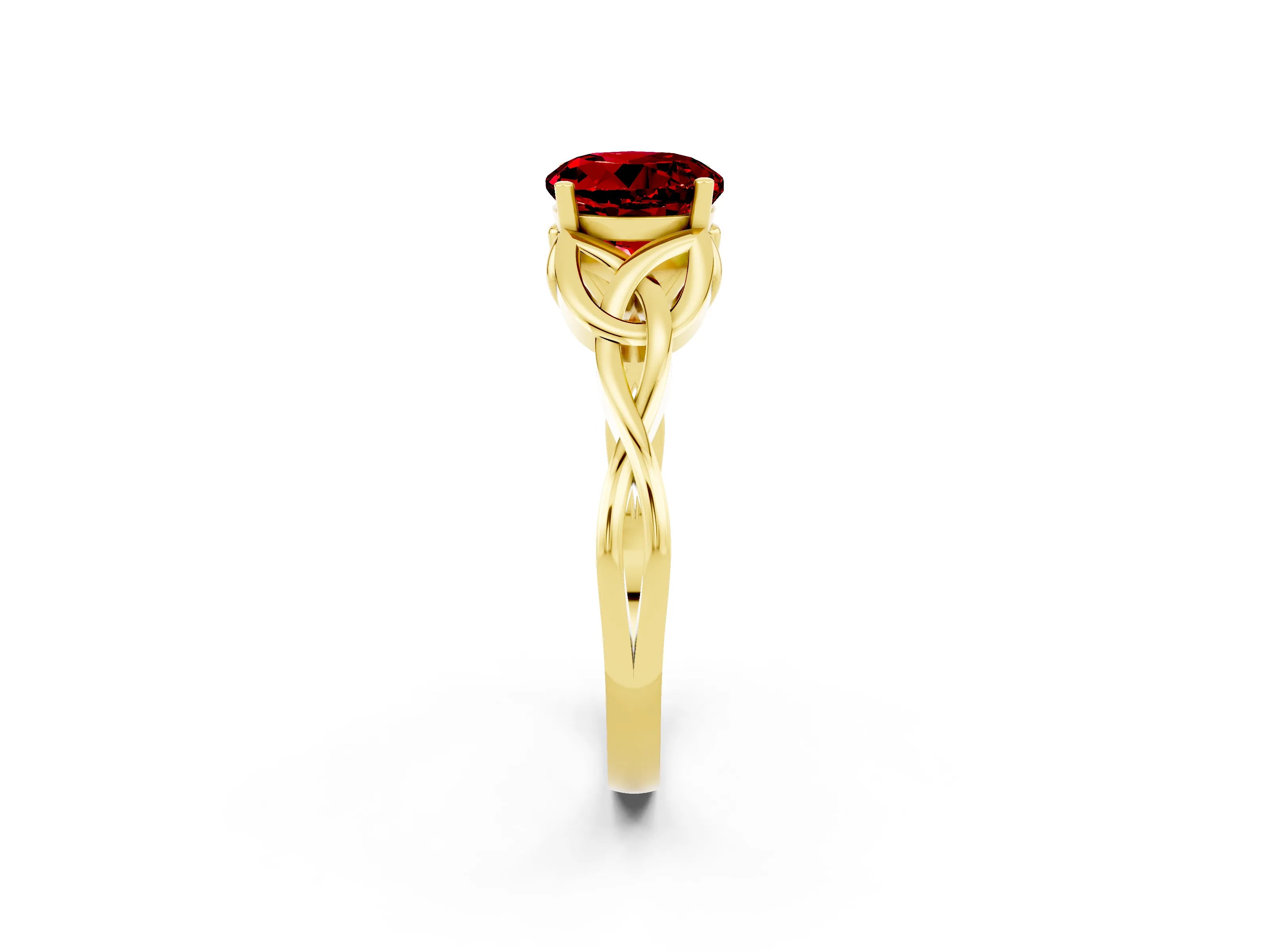 Yellow gold Round Cut Ruby Solitaire Engagement Ring with Celtic Knot Band and Four-Prong Setting_2
