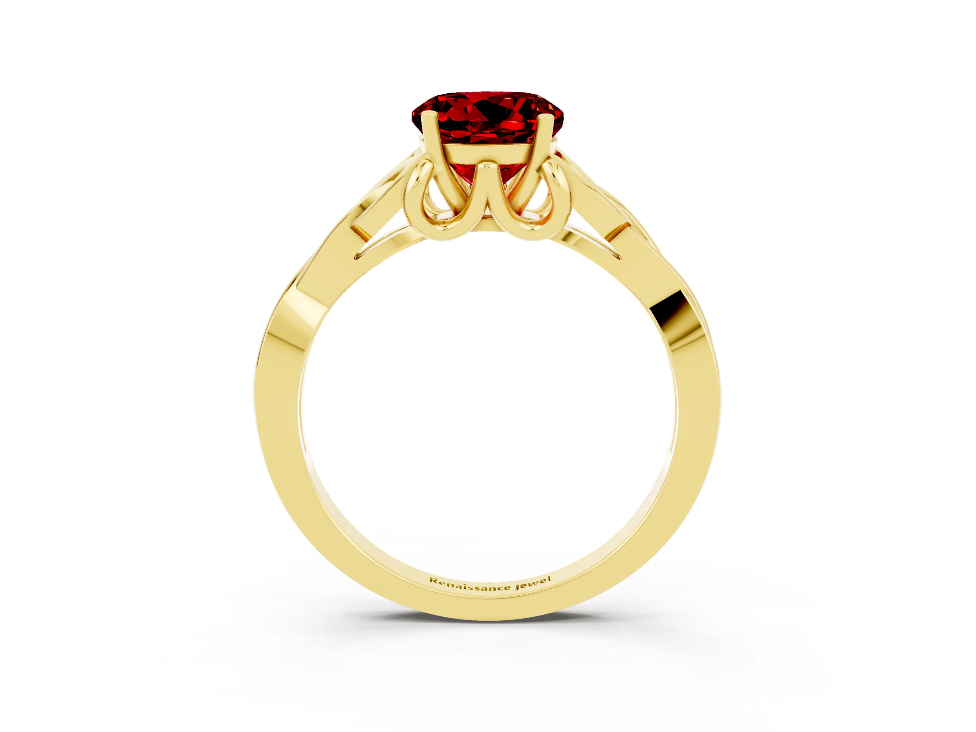 Yellow gold Round Cut Ruby Solitaire Engagement Ring with Celtic Knot Band and Four-Prong Setting_3