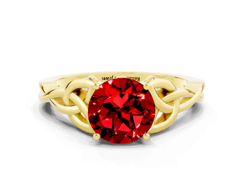 Yellow gold Round Cut Ruby Solitaire Engagement Ring with Celtic Knot Band and Four-Prong Setting