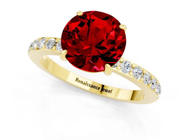 Yellow gold Round Cut Ruby Solitaire Engagement Ring with Pavé Band and Four-Prong Setting