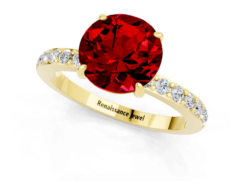 Yellow gold Round Cut Ruby Solitaire Engagement Ring with Pavé Band and Four-Prong Setting_1