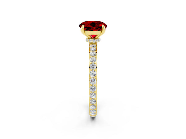 Yellow gold Round Cut Ruby Solitaire Engagement Ring with Pavé Band and Four-Prong Setting