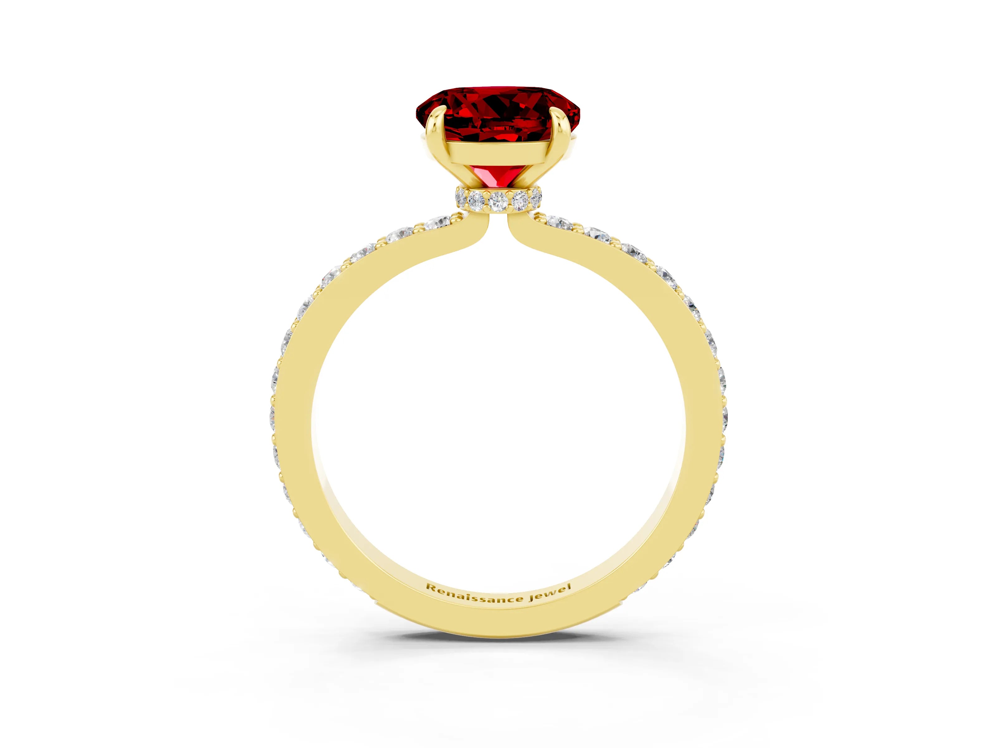 Yellow gold Round Cut Ruby Solitaire Engagement Ring with Pavé Band and Four-Prong Setting_3