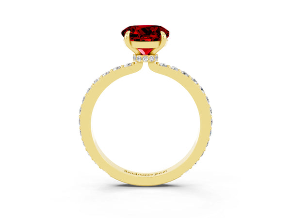 Yellow gold Round Cut Ruby Solitaire Engagement Ring with Pavé Band and Four-Prong Setting