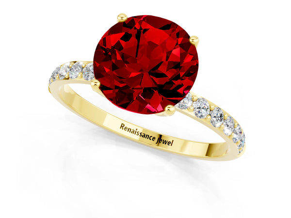 Yellow gold Round Cut Ruby Solitaire Engagement Ring with Round  Pavé Band and Prong Setting