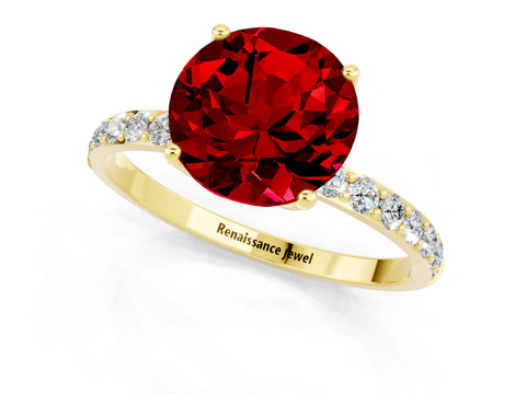 Yellow gold Round Cut Ruby Solitaire Engagement Ring with Pavé Band and Prong Setting_1