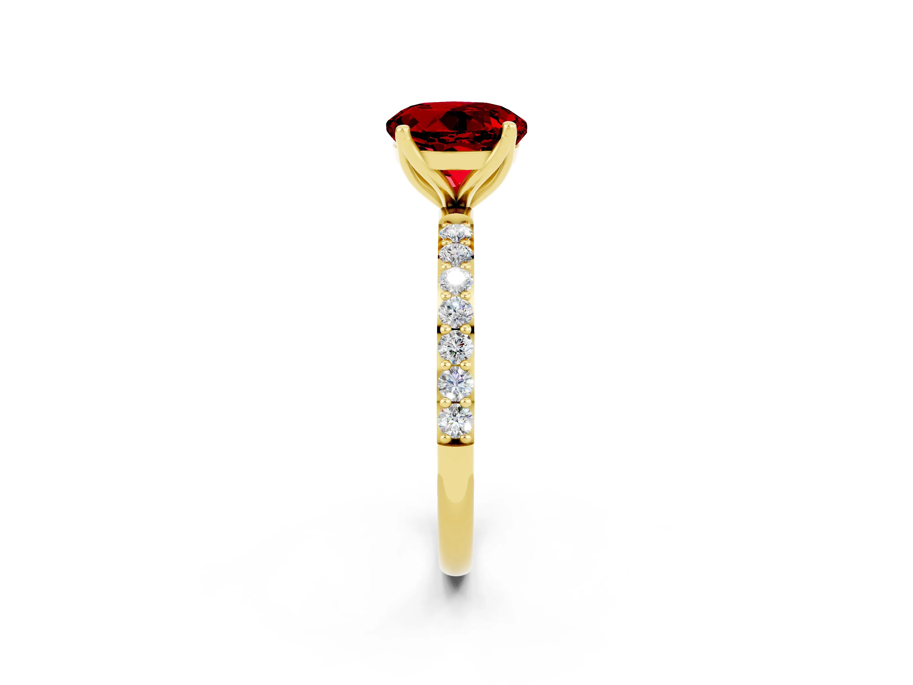 Yellow gold Round Cut Ruby Solitaire Engagement Ring with Pavé Band and Prong Setting_2