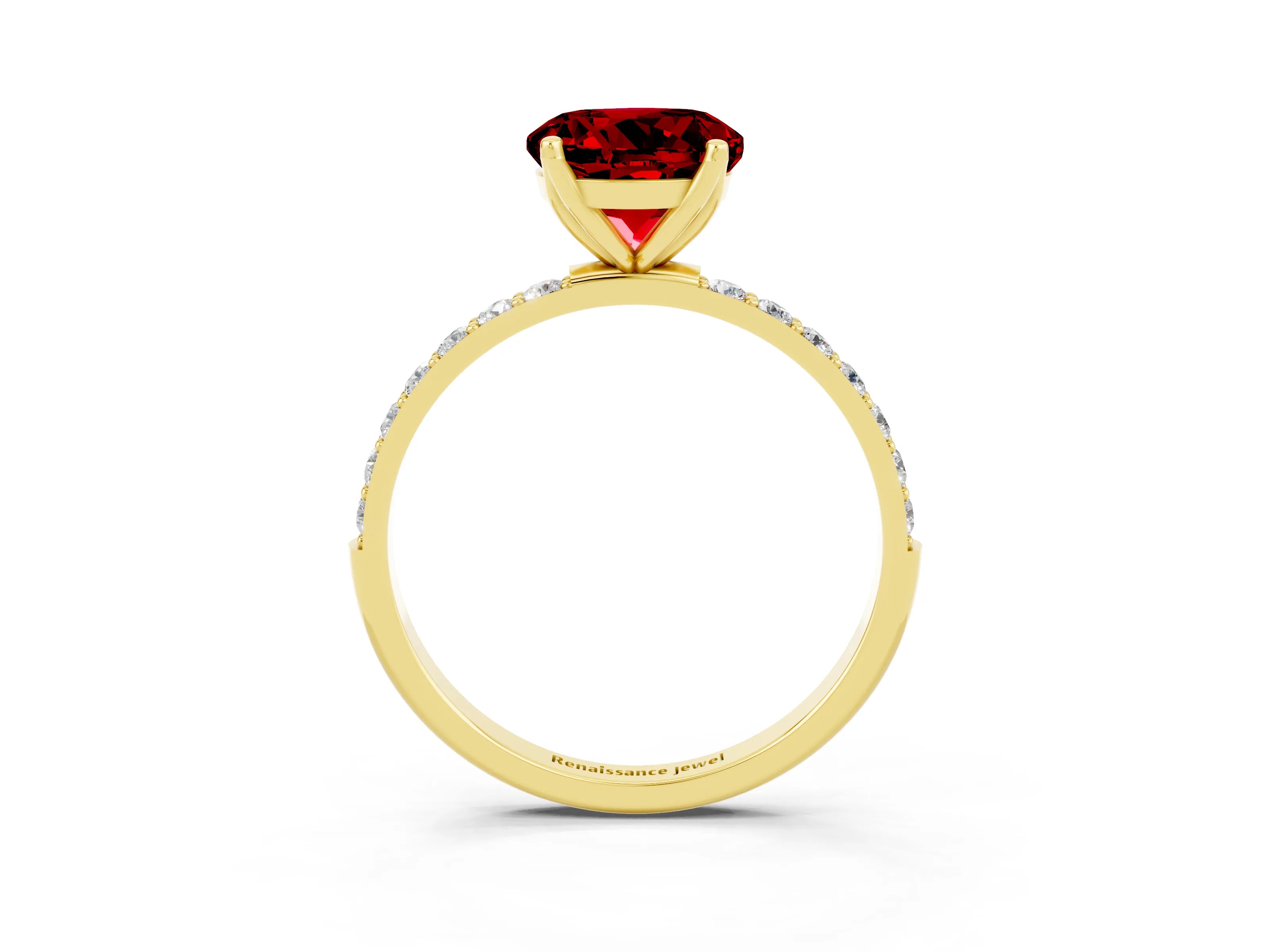 Yellow gold Round Cut Ruby Solitaire Engagement Ring with Pavé Band and Prong Setting_3