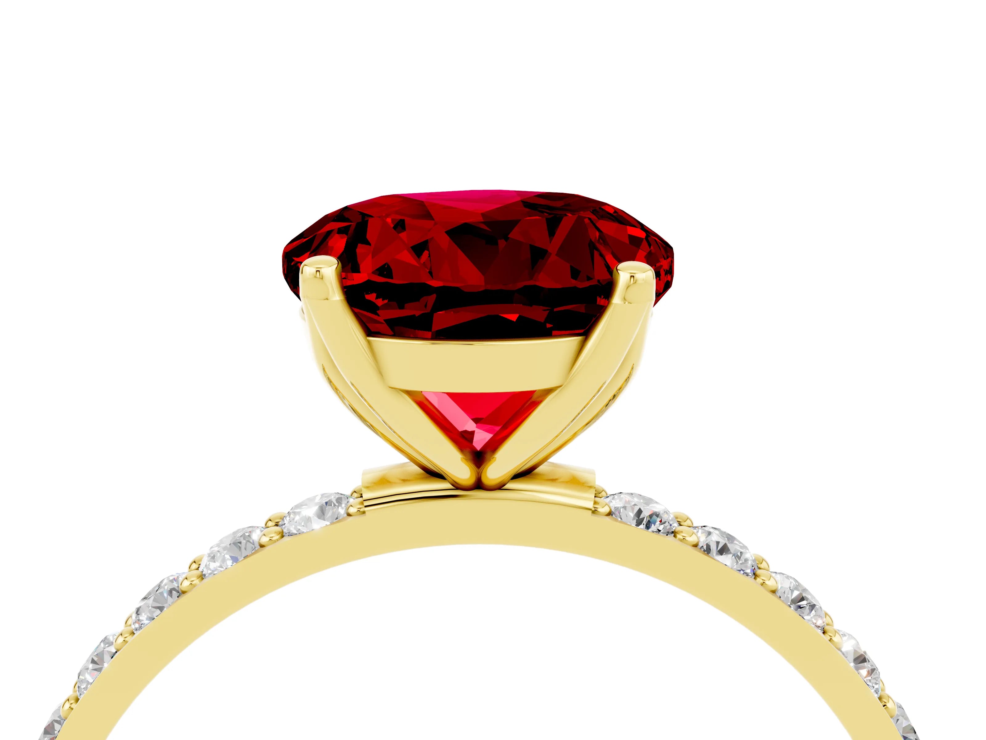 Yellow gold Round Cut Ruby Solitaire Engagement Ring with Pavé Band and Prong Setting_4