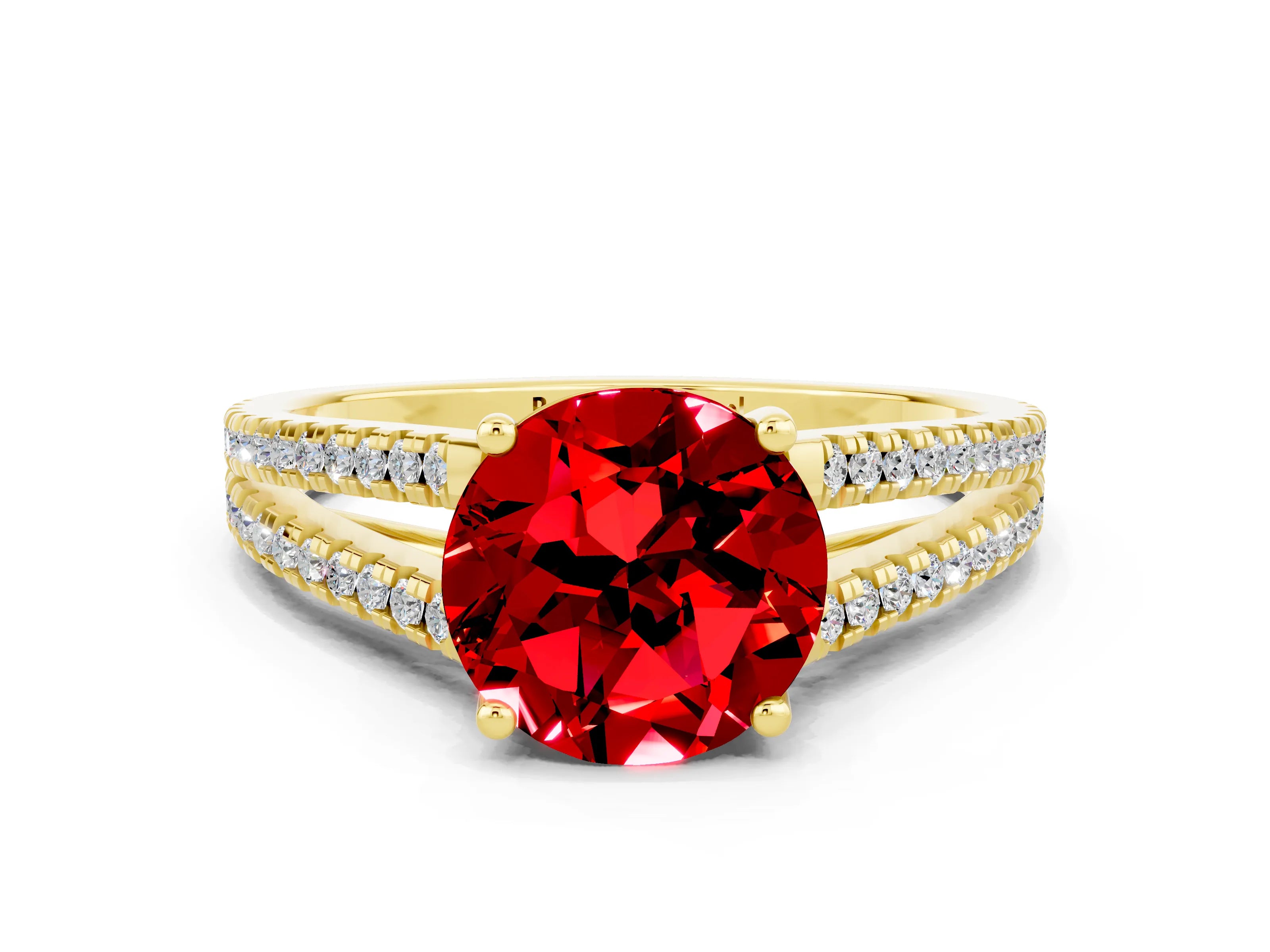 Yellow gold Round Cut Ruby Solitaire Engagement Ring with Split Shank Pavé Band