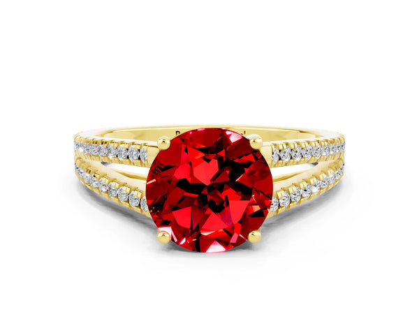 Yellow gold Round Cut Ruby Solitaire Engagement Ring with Split Shank Pavé Band