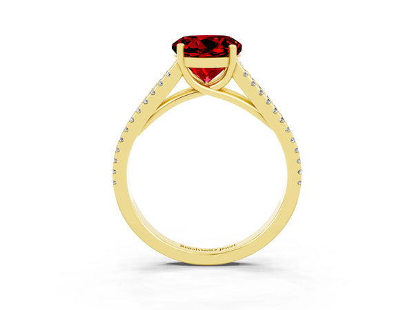 Yellow gold Round Cut Ruby Solitaire Engagement Ring with Split Shank Pavé Band