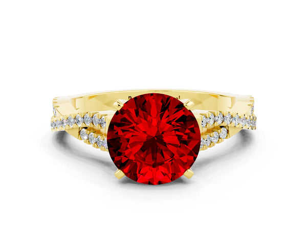 Yellow gold Round Cut Ruby Solitaire Engagement Ring with Twisted Pavé Band and Four-Prong Setting