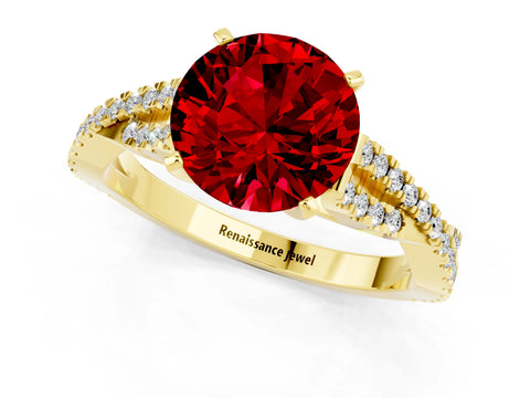 Yellow gold Round Cut Ruby Solitaire Engagement Ring with Twisted Pavé Band and Four-Prong Setting_13