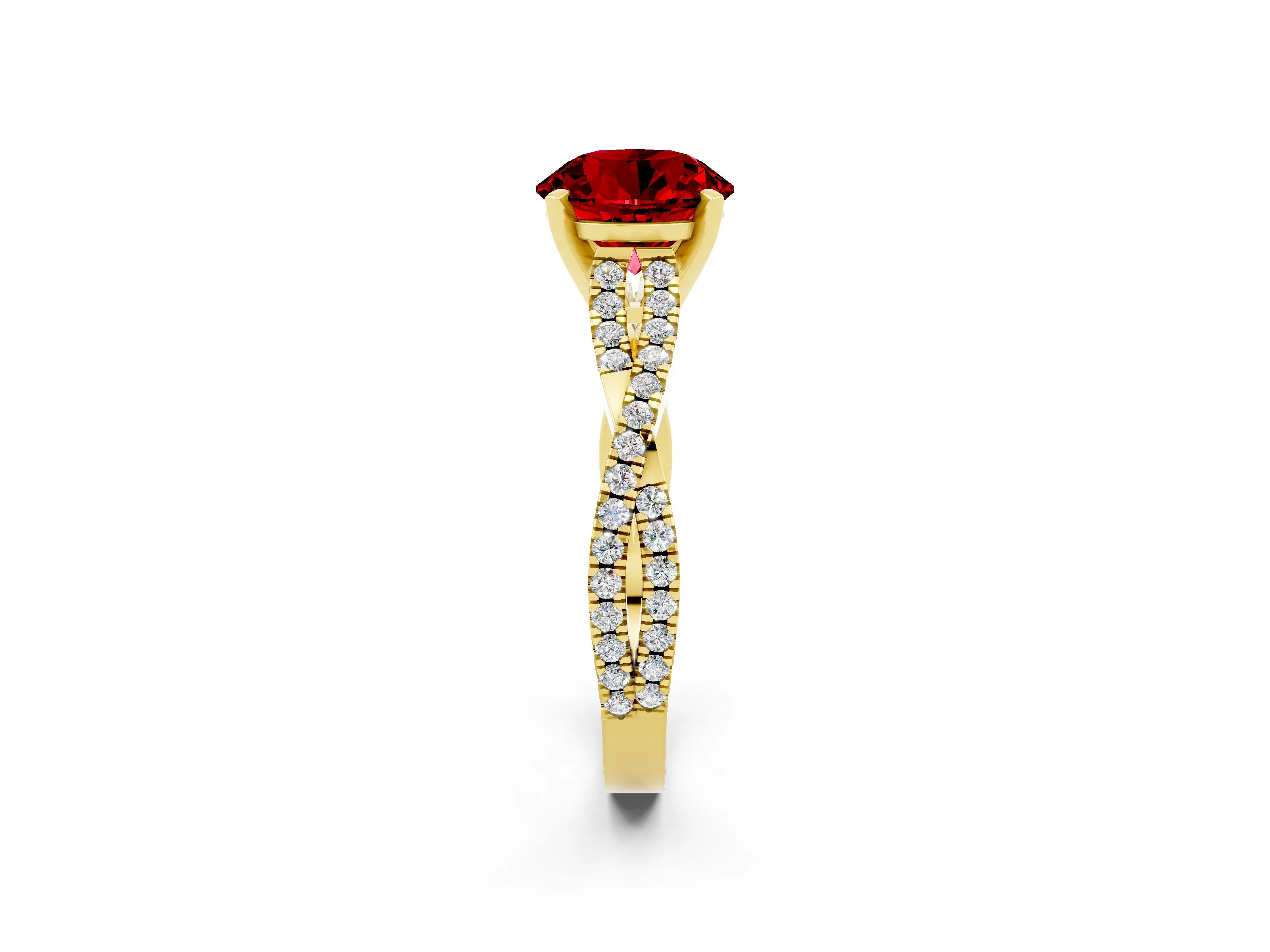 Yellow gold Round Cut Ruby Solitaire Engagement Ring with Twisted Pavé Band and Four-Prong Setting_14