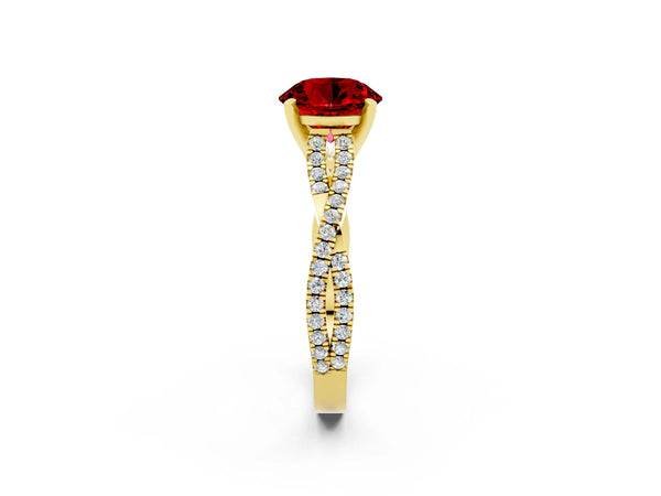Yellow gold Round Cut Ruby Solitaire Engagement Ring with Twisted Pavé Band and Four-Prong Setting