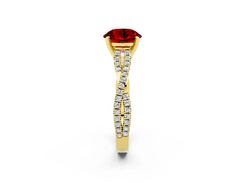 Yellow gold Round Cut Ruby Solitaire Engagement Ring with Twisted Pavé Band and Four-Prong Setting_14