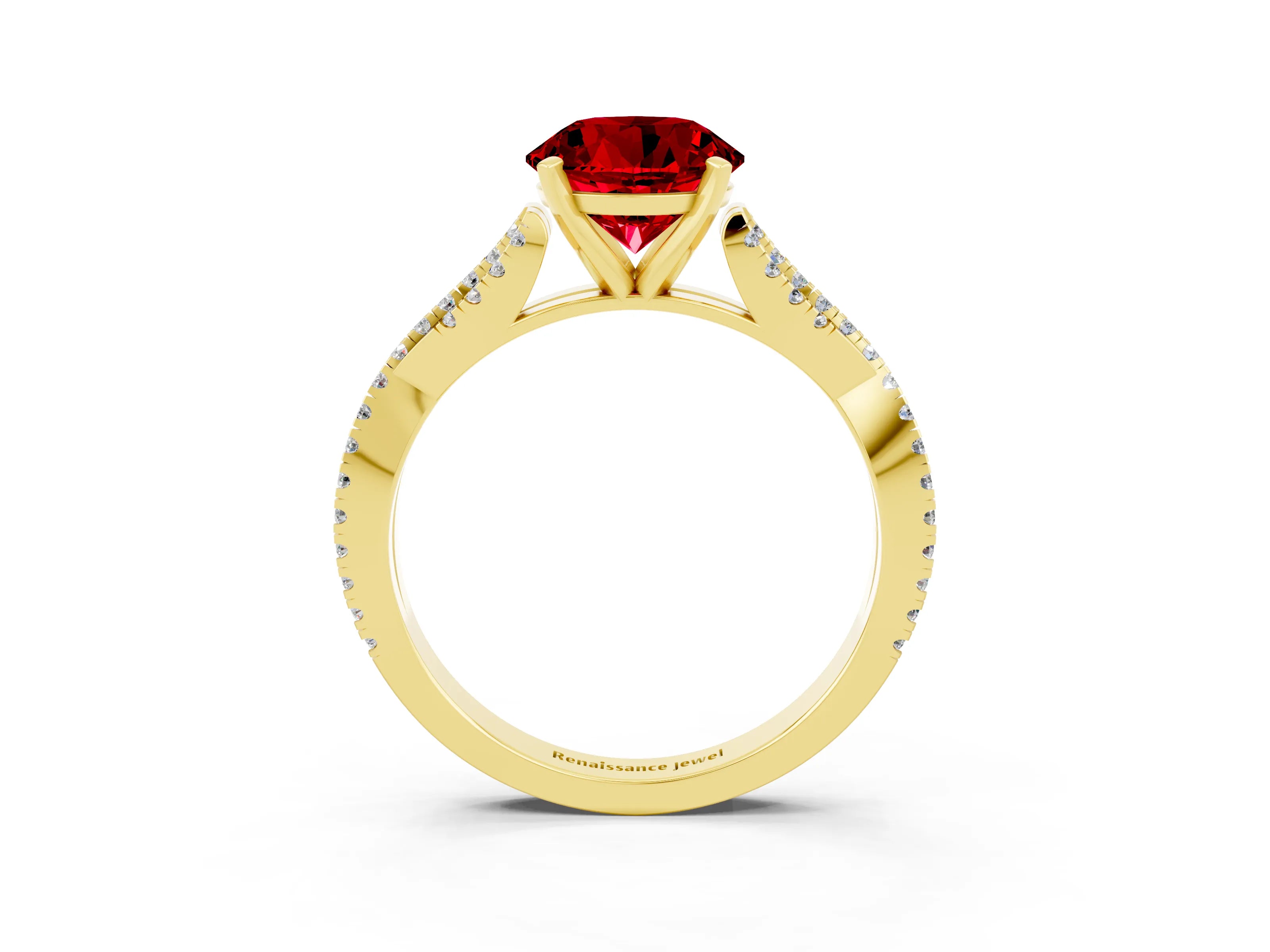 Yellow gold Round Cut Ruby Solitaire Engagement Ring with Twisted Pavé Band and Four-Prong Setting_15