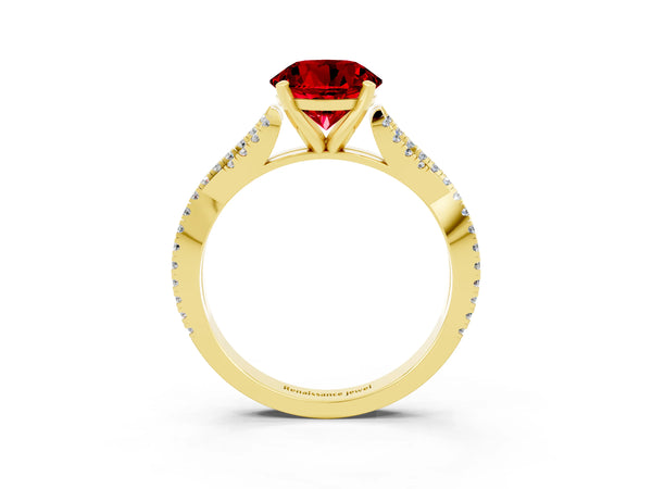 Yellow gold Round Cut Ruby Solitaire Engagement Ring with Twisted Pavé Band and Four-Prong Setting