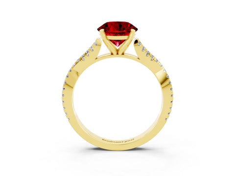 Yellow gold Round Cut Ruby Solitaire Engagement Ring with Twisted Pavé Band and Four-Prong Setting_15
