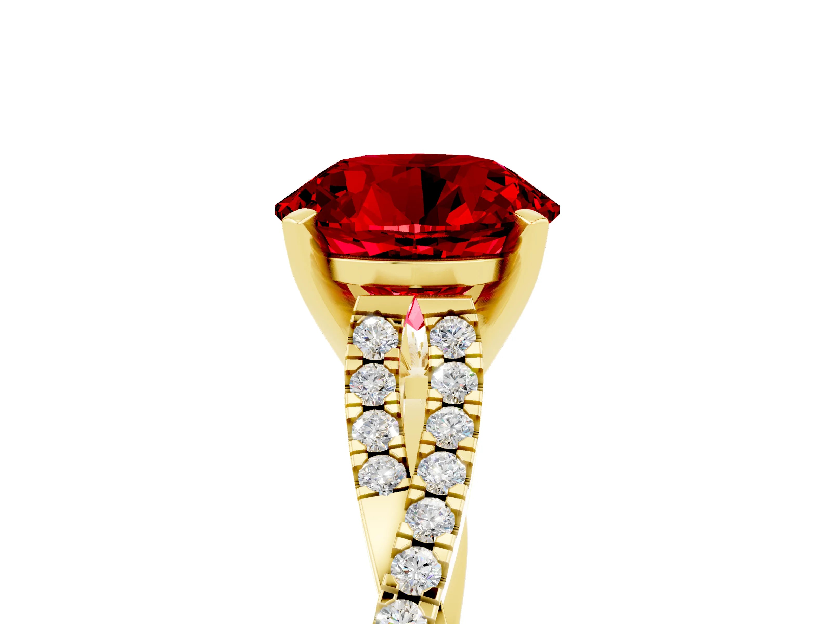 Yellow gold Round Cut Ruby Solitaire Engagement Ring with Twisted Pavé Band and Four-Prong Setting_17